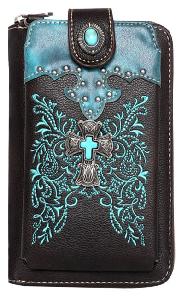 Montana West Cross Design Phone Wallet Crossbody - Turquoise Embellished Black